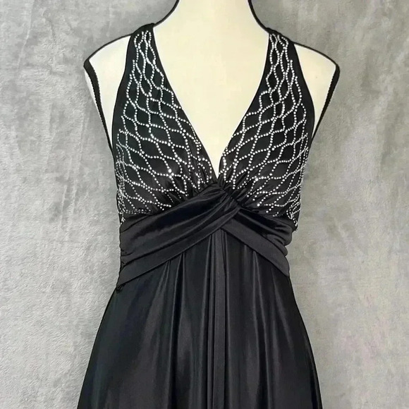 Vintage La Scala Halter Black Studded Prom Dance Liquid Knit Dress whimsigoth L - Picture 2 of 14